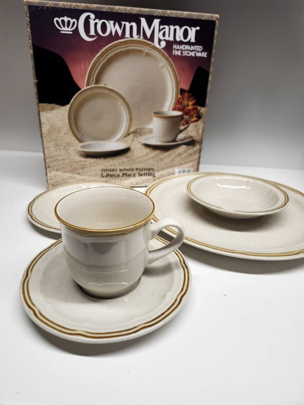 NEW Stoneware Set Vintage Crown Manor Desert Winds 5 pcs Handpainted NIB Neutral